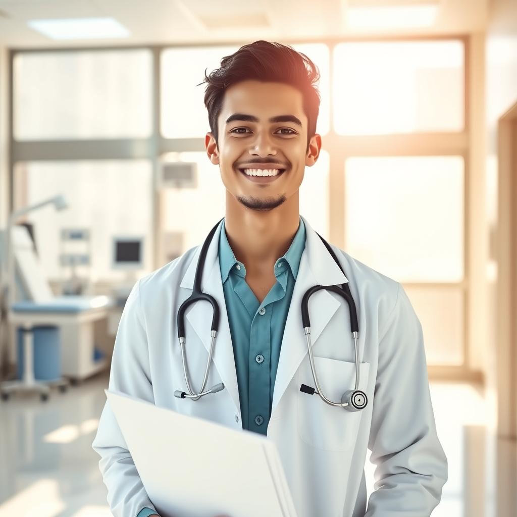 A vibrant young adult, aged 25, dressed in a professional doctor's outfit, complete with a white lab coat, stethoscope around their neck, and holding a medical chart
