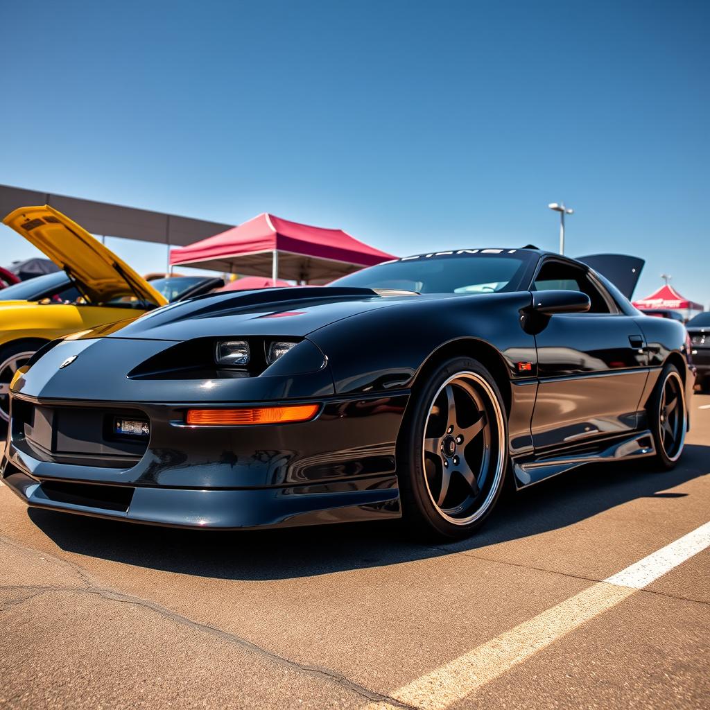 A stunning image of a modified black 1996 Chevrolet Camaro Z28, featuring the Hurricane SS 396 package