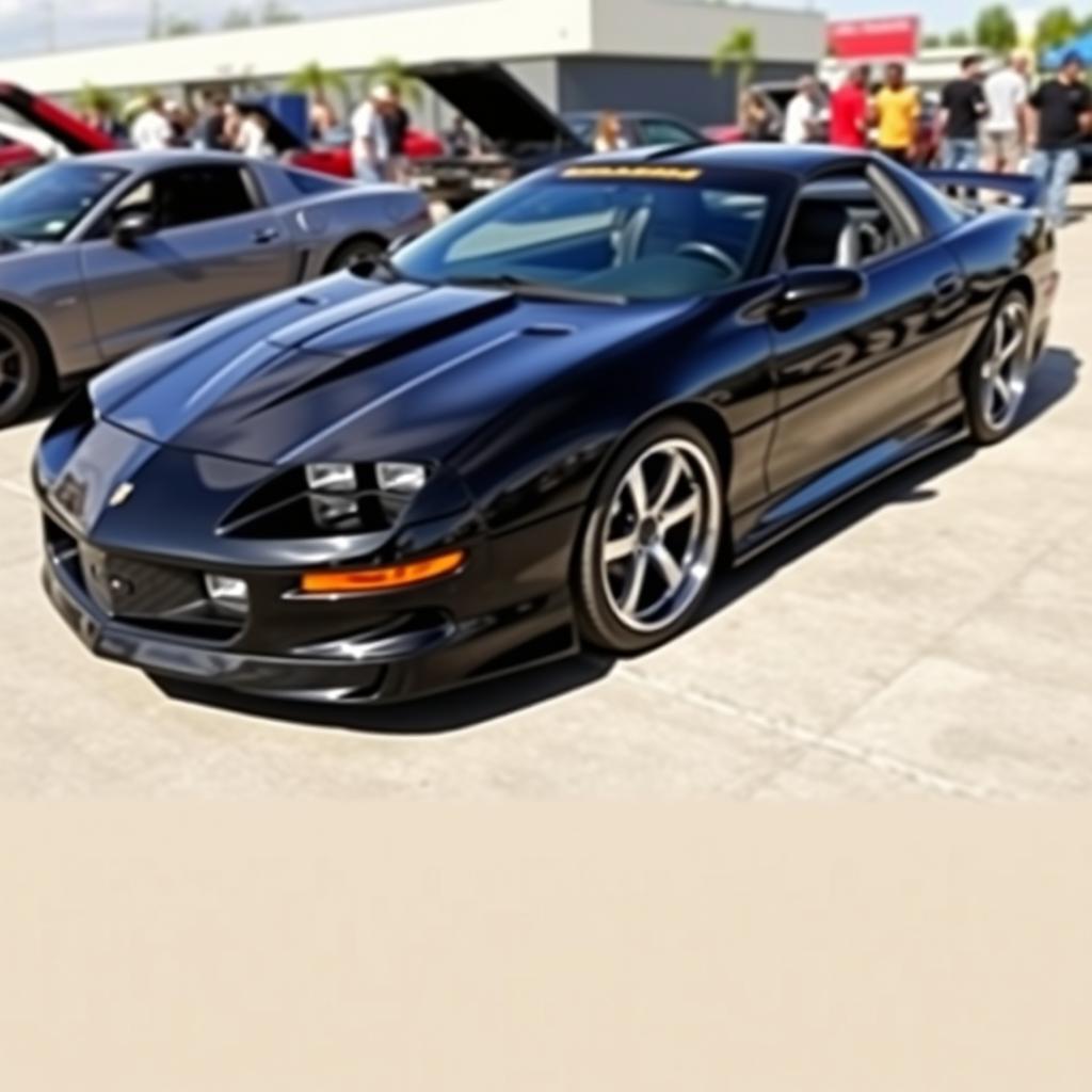 A stunning and hyper-realistic image of a black 1996 Chevrolet Camaro Z28, showcasing its modified Hurricane SS 396 package