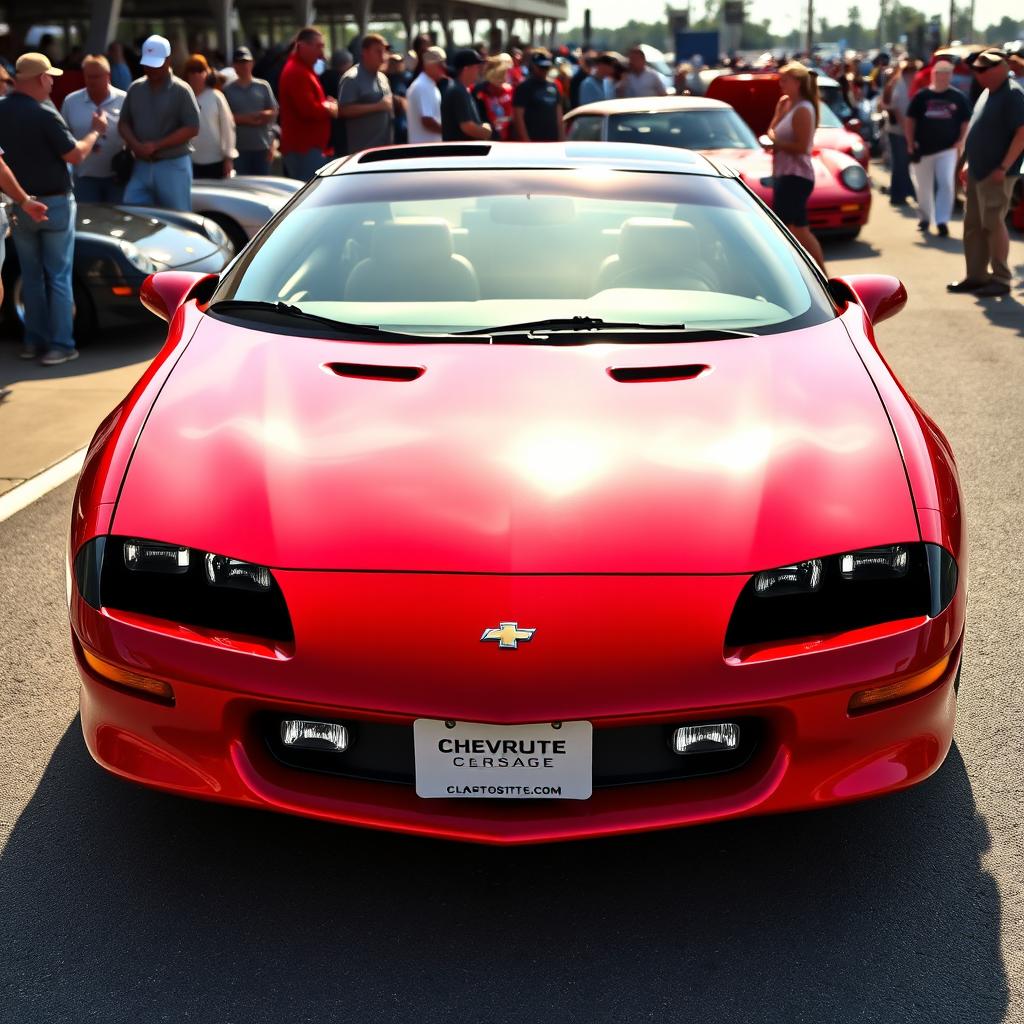 A stunning red 1996 Chevrolet Camaro Z28, showcasing its sporty design and aggressive stance