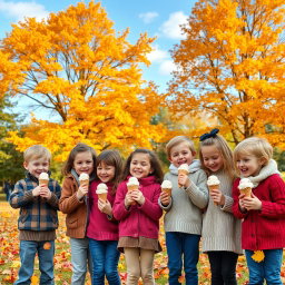 A vibrant autumn scene in a park, showcasing children enjoying ice cream