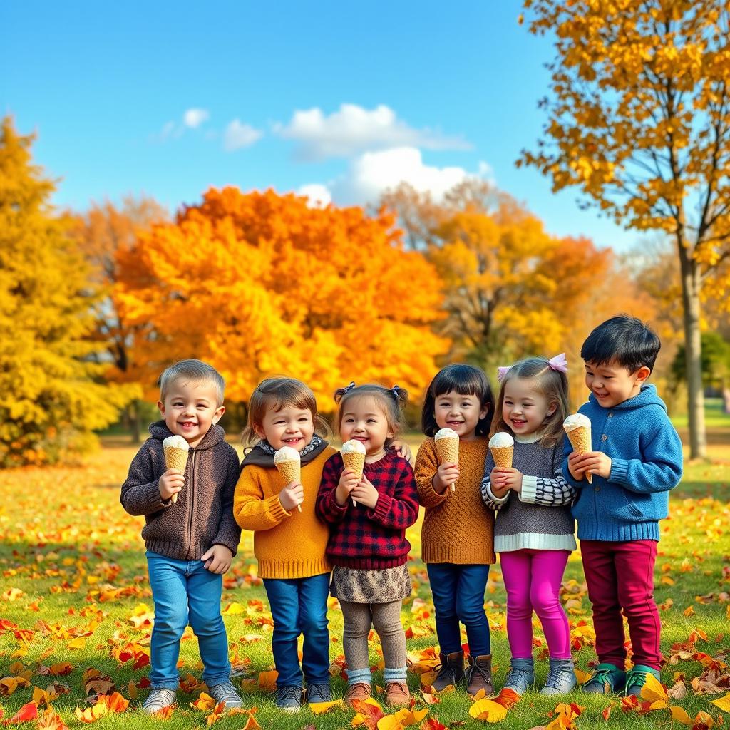A vibrant autumn scene in a park, showcasing children enjoying ice cream