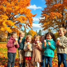 A vibrant autumn scene in a park, showcasing children enjoying ice cream