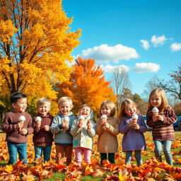 A vibrant autumn scene in a park, showcasing children enjoying ice cream