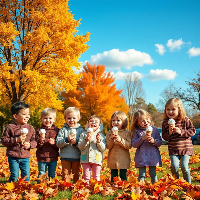 A vibrant autumn scene in a park, showcasing children enjoying ice cream