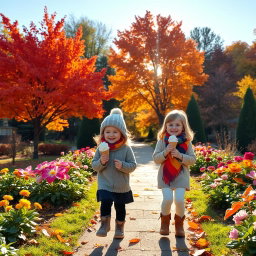 A serene autumn garden scene featuring vibrant, colorful trees with foliage in shades of orange, red, and yellow