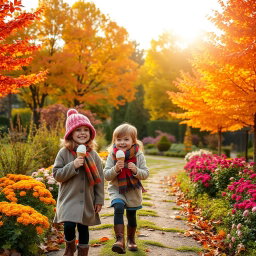 A serene autumn garden scene featuring vibrant, colorful trees with foliage in shades of orange, red, and yellow