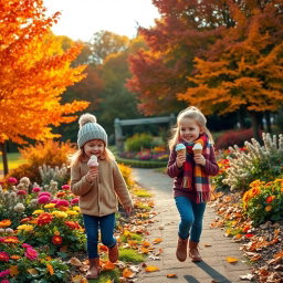A serene autumn garden scene featuring vibrant, colorful trees with foliage in shades of orange, red, and yellow