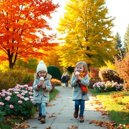 A serene autumn garden scene featuring vibrant, colorful trees with foliage in shades of orange, red, and yellow
