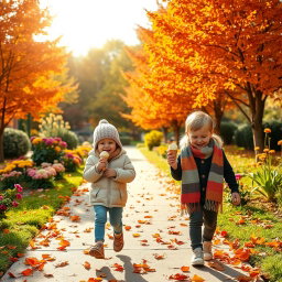 A tranquil autumn garden scene with beautiful weather and vibrant foliage in shades of orange, red, and yellow
