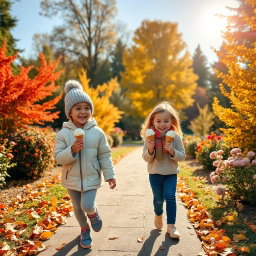 A tranquil autumn garden scene with beautiful weather and vibrant foliage in shades of orange, red, and yellow