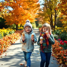 A tranquil autumn garden scene with beautiful weather and vibrant foliage in shades of orange, red, and yellow