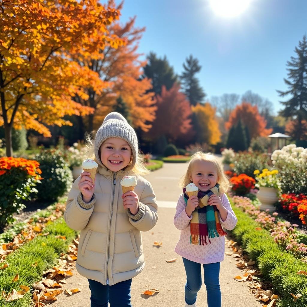 A tranquil autumn garden scene with beautiful weather and vibrant foliage in shades of orange, red, and yellow