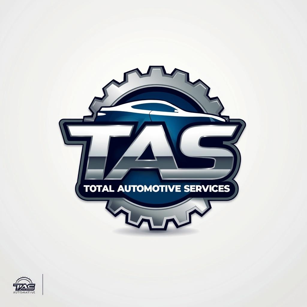 A beautiful, clean logo design for "TAS - Total Automotive Services" featuring modern typography, a sleek design incorporating automotive elements like gears or vehicle silhouettes