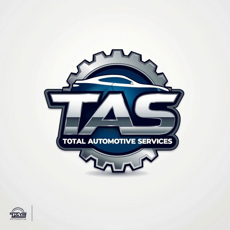 A beautiful, clean logo design for "TAS - Total Automotive Services" featuring modern typography, a sleek design incorporating automotive elements like gears or vehicle silhouettes