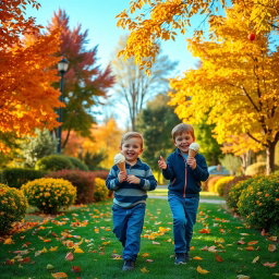 A serene autumn garden scene with colorful fall foliage