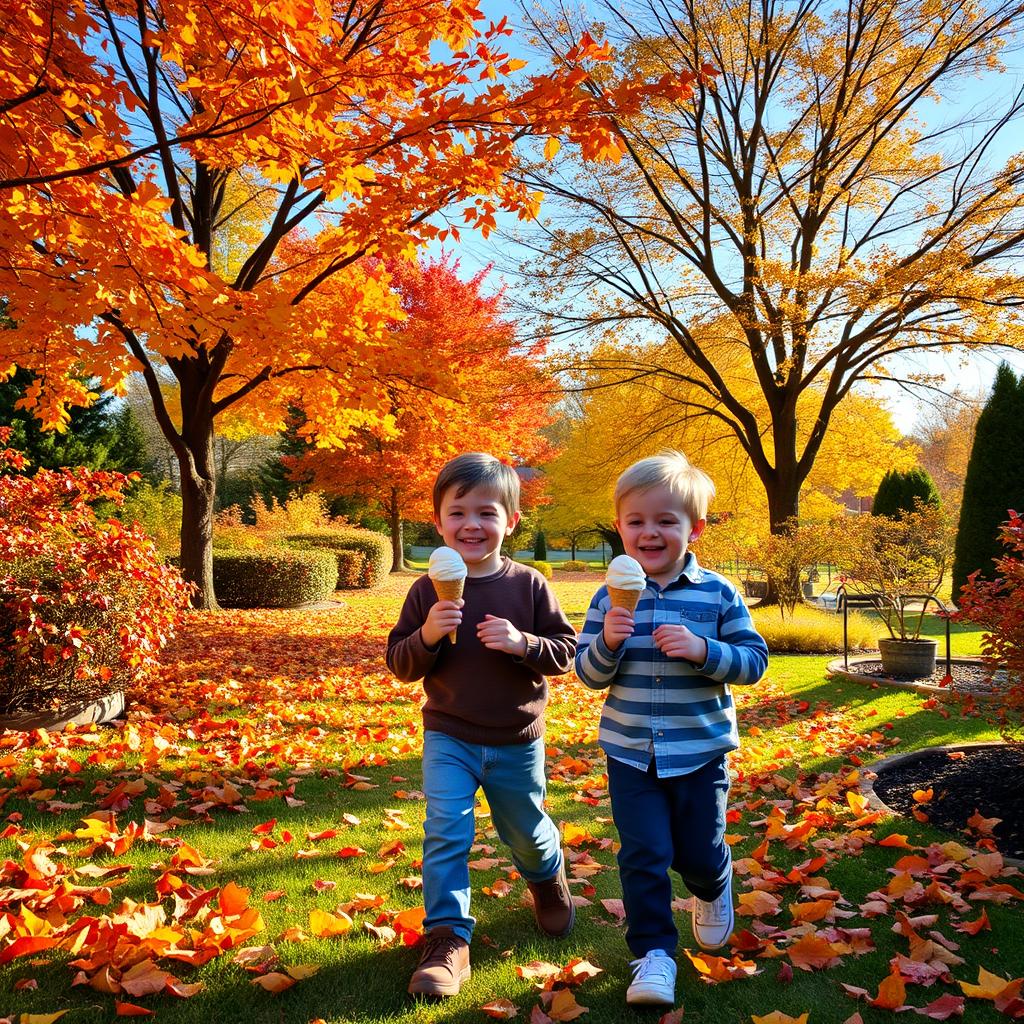A serene autumn garden scene with colorful fall foliage