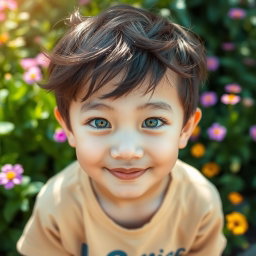 A charming Asian boy with striking green eyes, looking directly at the viewer with a warm smile
