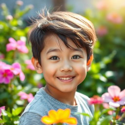 A charming Asian boy with striking green eyes, looking directly at the viewer with a warm smile