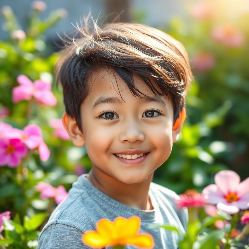 A charming Asian boy with striking green eyes, looking directly at the viewer with a warm smile