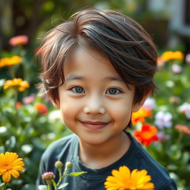 A charming Asian boy with striking green eyes, looking directly at the viewer with a warm smile