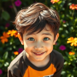 A charming Asian boy with striking green eyes, looking directly at the viewer with a warm smile