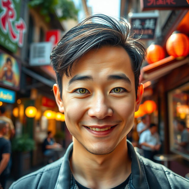 A charming Asian man with captivating green eyes, gazing at the viewer with a warm and inviting smile