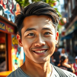A charming Asian man with captivating green eyes, gazing at the viewer with a warm and inviting smile