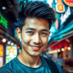 A charming Asian man with captivating green eyes, gazing at the viewer with a warm and inviting smile