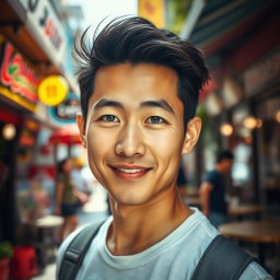 A charming Asian man with captivating green eyes, gazing at the viewer with a warm and inviting smile