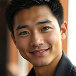 A charming Asian man with striking green eyes, looking directly at the viewer with a warm, inviting smile