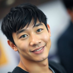 A charming Asian man with striking green eyes, looking directly at the viewer with a warm, inviting smile