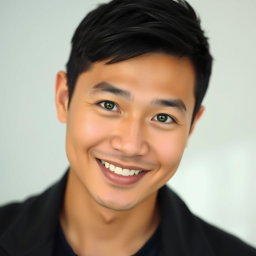 A charming Asian man with striking green eyes, looking directly at the viewer with a warm, inviting smile
