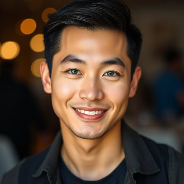 A charming Asian man with striking green eyes, looking directly at the viewer with a warm, inviting smile