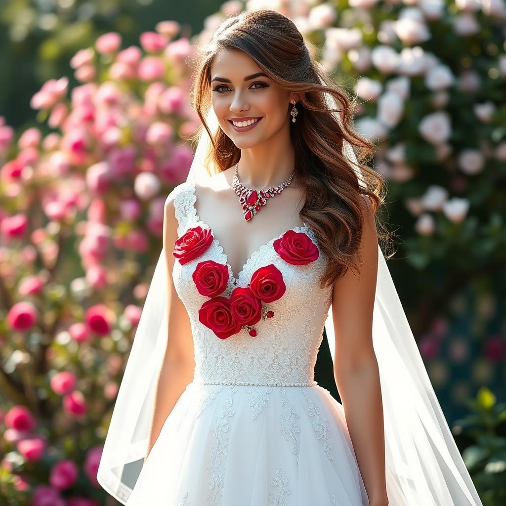 A beautiful bride in a stunning white wedding dress adorned with intricate red roses on the chest