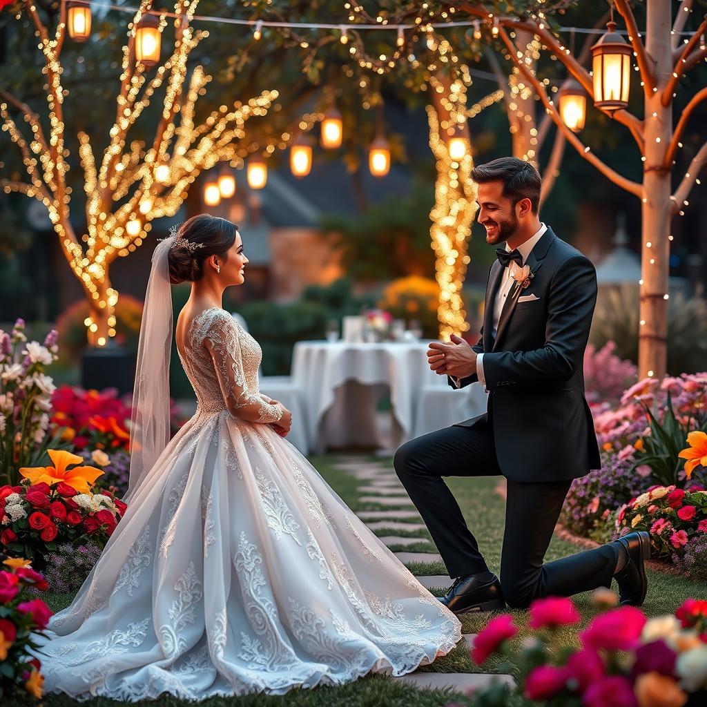 A whimsical and romantic marriage proposal scene featuring a man gracefully wearing a stunning wedding dress adorned with lace and intricate designs, showcasing elegance