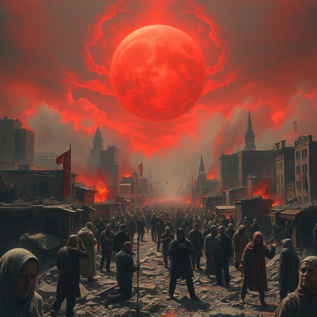 A city in ruins under a bizarre red sky, filled with chaotic scenes of fear and confusion among the inhabitants