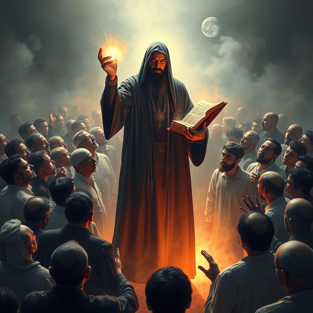 The Dajjal appears among a crowd of people, dressed in a long black robe, with one eye blind and the other radiating a strange light