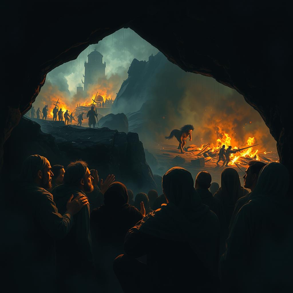 A group of several believers gathered in a dark cave, praying with expressions of fear and intensity, seeking refuge from the trials of the Dajjal