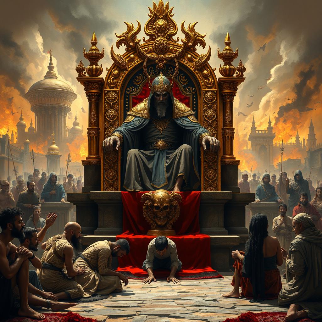 A powerful figure, representing Dajjol, seated on a grand throne at the center of a city, surrounded by wealth and gold