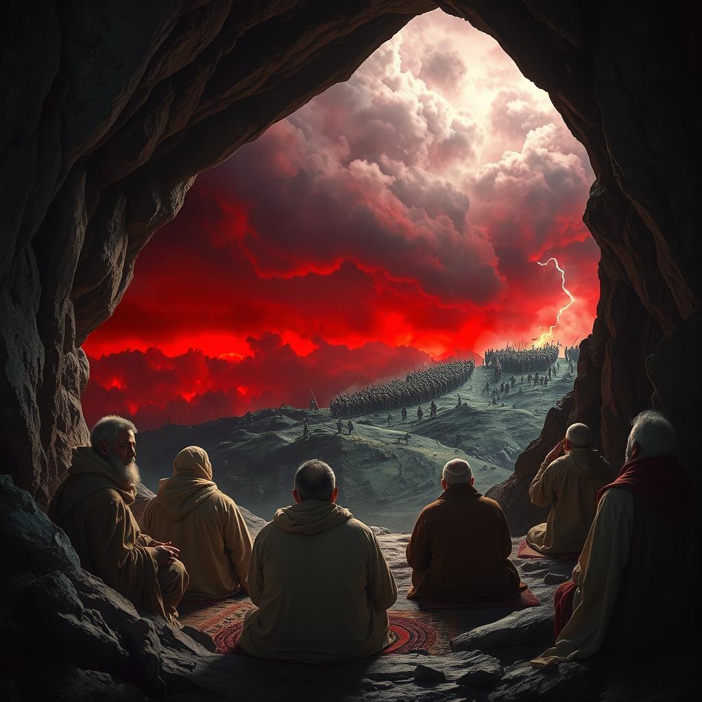 Inside a cave at the peak of a mountain, several devout worshippers are engaged in prayer