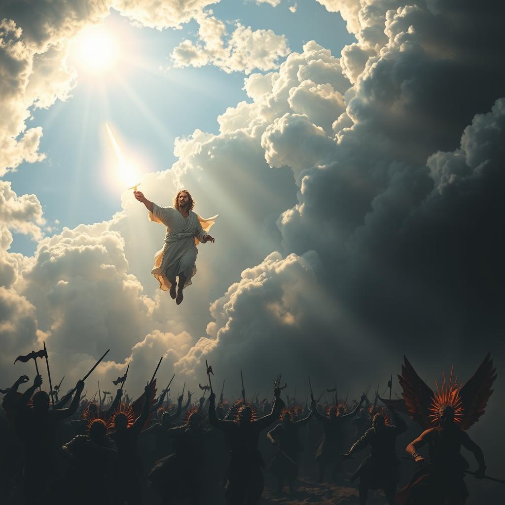 The sky is illuminated as the Prophet Isa descends from the heavens, accompanied by angels
