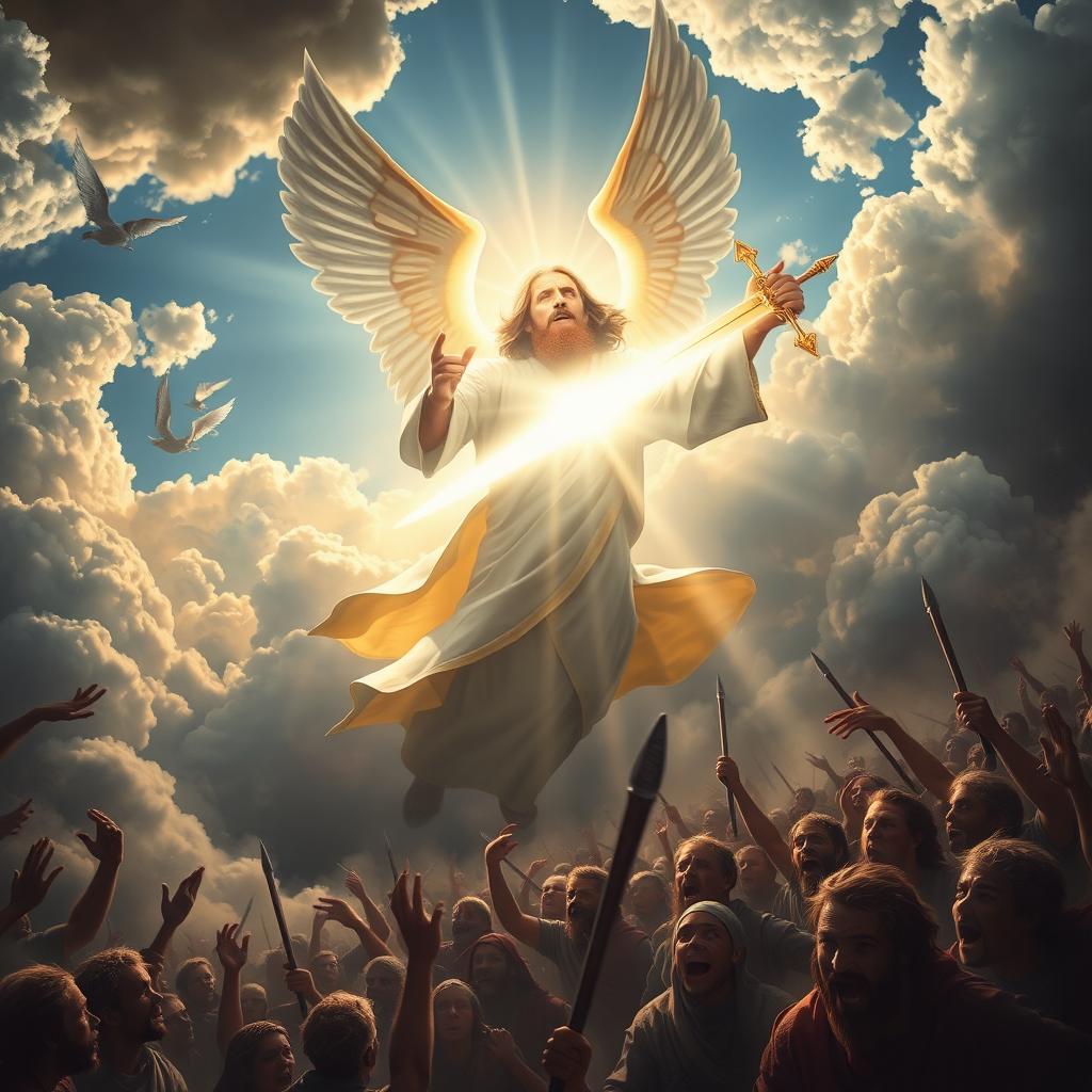 A dramatic scene depicting the prophet Iso in the sky, surrounded by angels, wielding a sword that radiates bright light