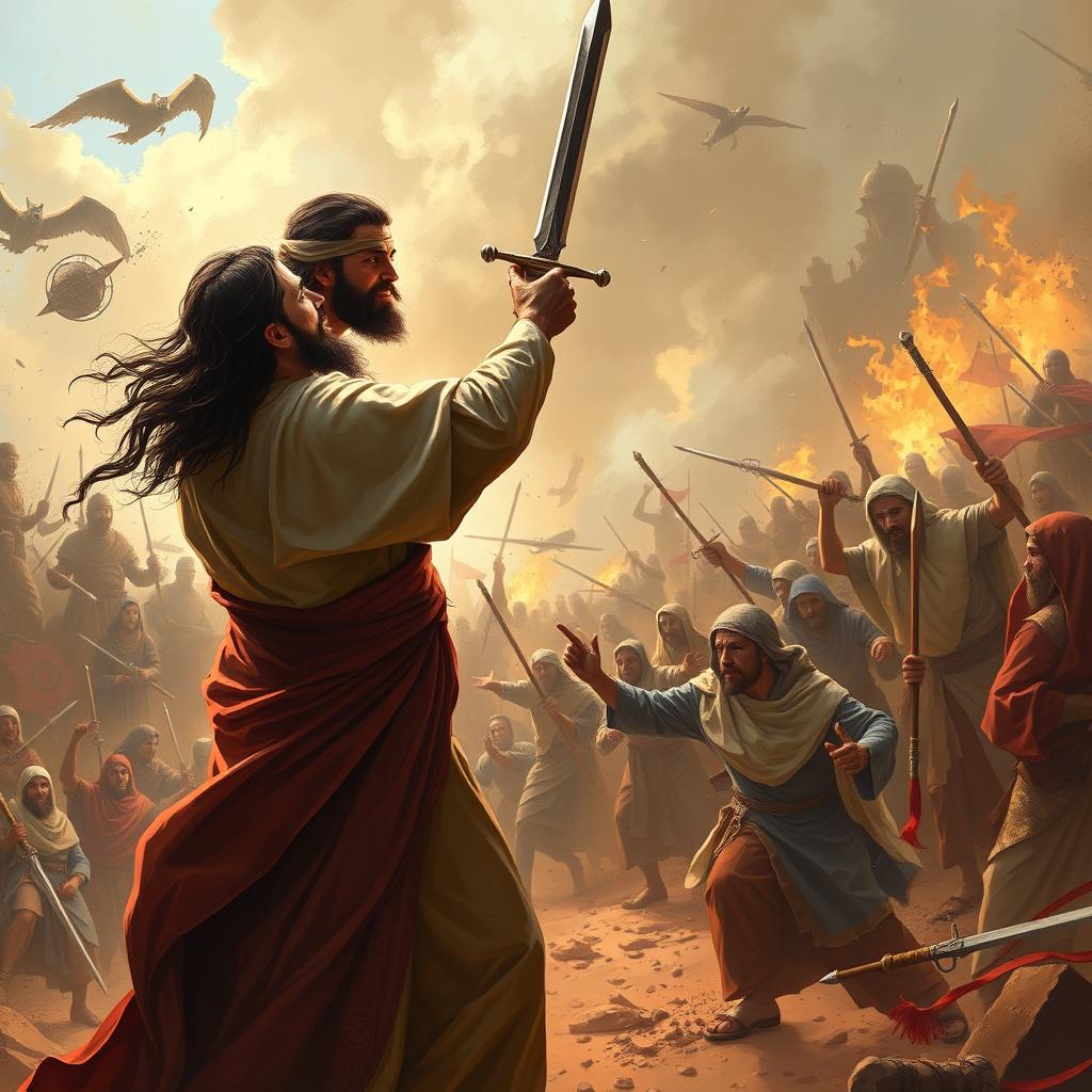 The scene depicts a confrontation between Prophet Isa (Jesus) and Dajjal