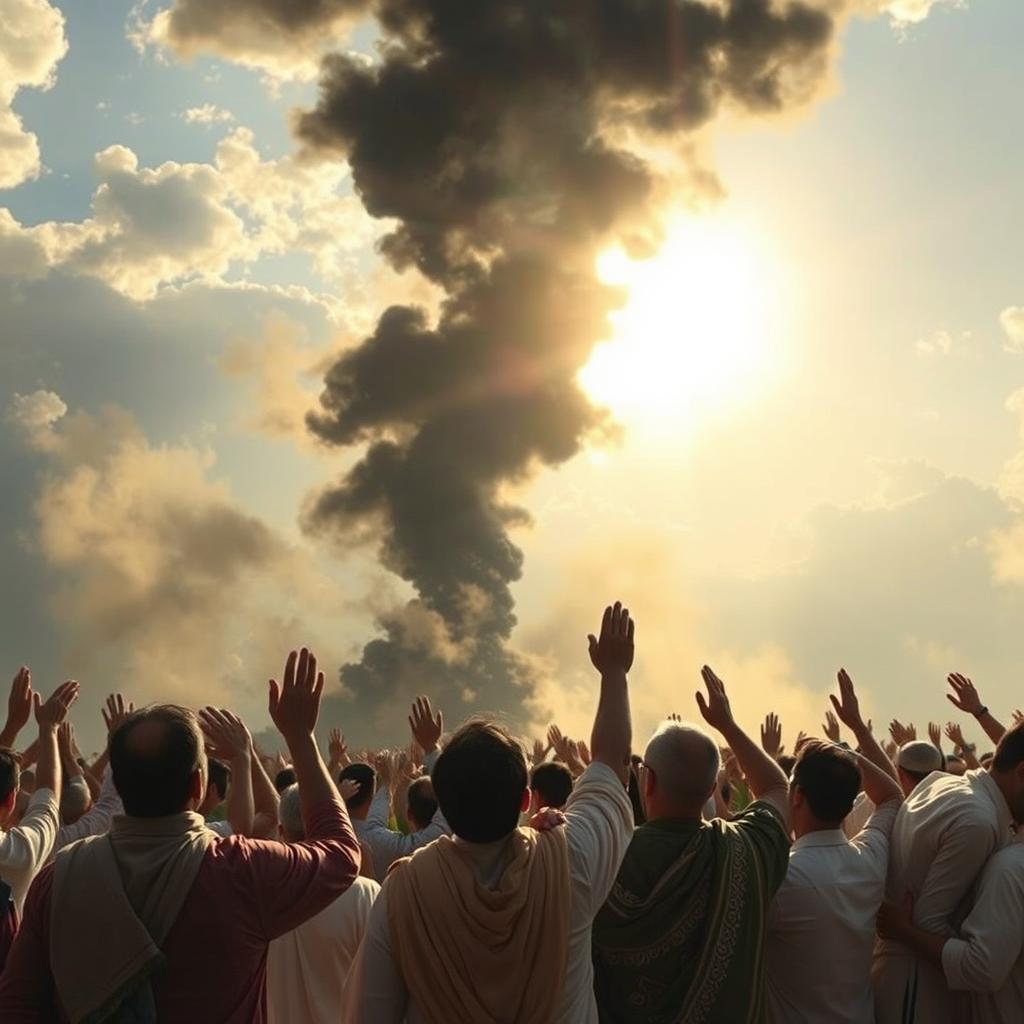 The body of Dajjol is transforming into black smoke and disappearing, as believers rejoice and pray