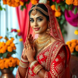 A stunning portrayal of an Indian bride, adorned in a traditional red and gold bridal lehenga, featuring exquisite embroidery and intricate designs