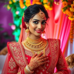 A stunning portrayal of an Indian bride, adorned in a traditional red and gold bridal lehenga, featuring exquisite embroidery and intricate designs