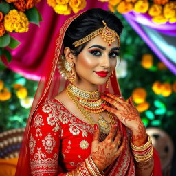 A stunning portrayal of an Indian bride, adorned in a traditional red and gold bridal lehenga, featuring exquisite embroidery and intricate designs