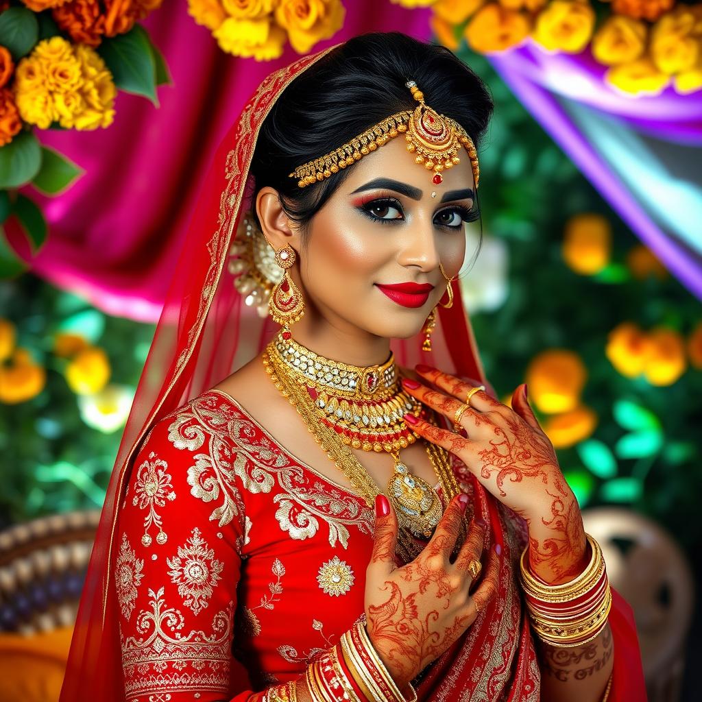 A stunning portrayal of an Indian bride, adorned in a traditional red and gold bridal lehenga, featuring exquisite embroidery and intricate designs