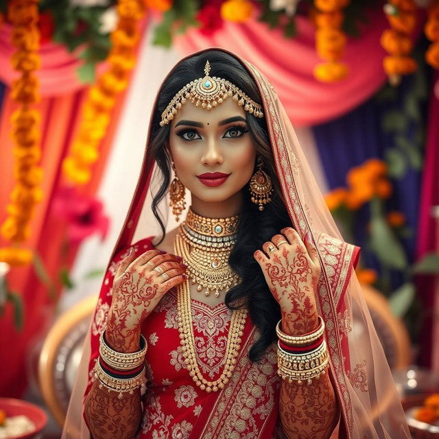 A stunning portrayal of an Indian bride, adorned in a traditional red and gold bridal lehenga, featuring exquisite embroidery and intricate designs
